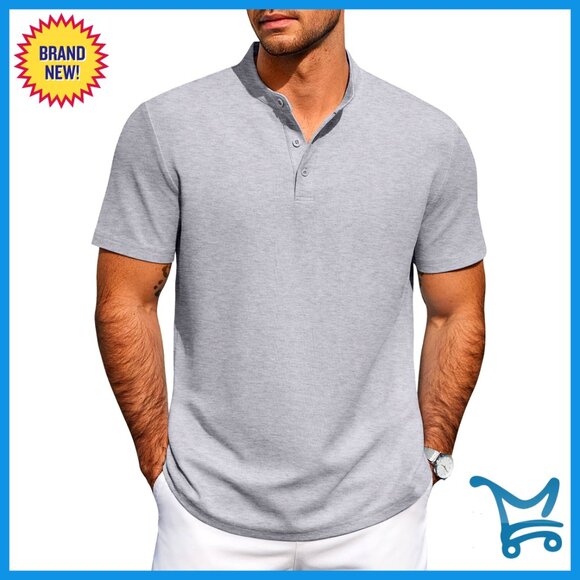 Men's Casual Short Sleeve Cotton Henley Shirt Button Down Summer Basic